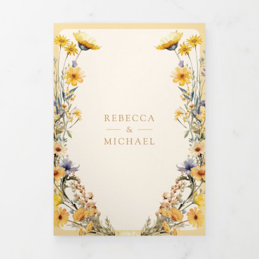 Gele Boho Wildflower Foto QR Code Bruiloft Drieluik Uitnodiging (Cover)