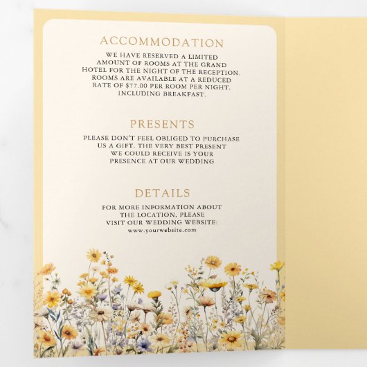 Gele Boho Wildflower Foto QR Code Bruiloft Drieluik Uitnodiging (Binnenzijde eerst)