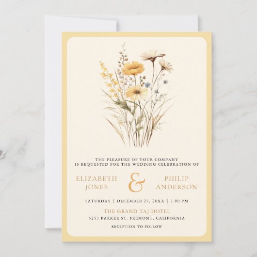 Gele Boho Wildflower Foto QR Code Bruiloft Kaart (Voorkant)