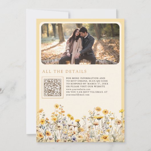 Gele Boho Wildflower Foto QR Code Bruiloft Kaart (Achterkant)