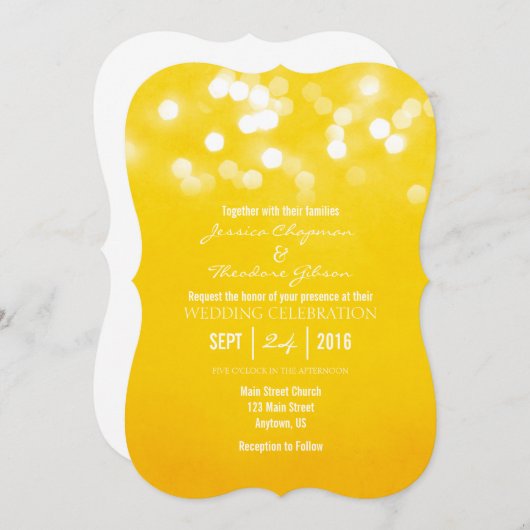 Gele Bokeh Glitter Lights Wedding Uitnodiging (Voorkant / Achterkant)