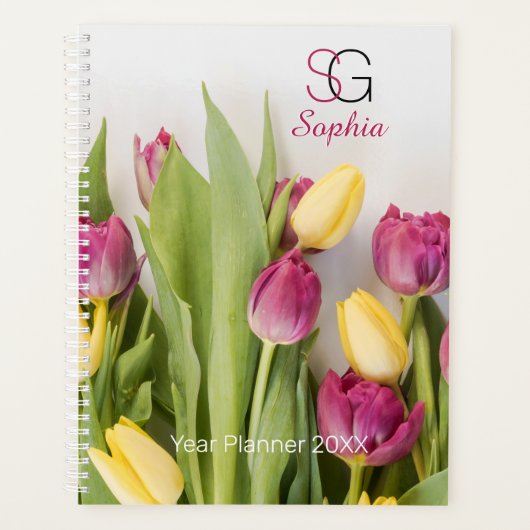 Gele & bordeauxrode tulpen, naam, monogram, jaar planner (Voorkant)