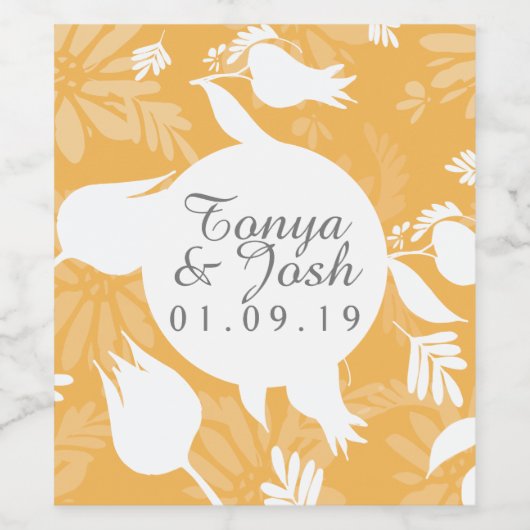 Gele botanische Floral Pattern Wedding Wijn Etiket (Enkel label)