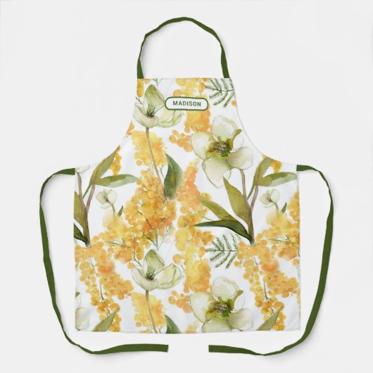 Gele botanische keuken cadeau met naam schort (Voorkant)