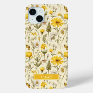 Gele Botanische Waterverf Bloemnaam iPhone 15 Mini Hoesje