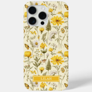 Gele botanische waterverf bloemnaam iPhone 15 pro max hoesje