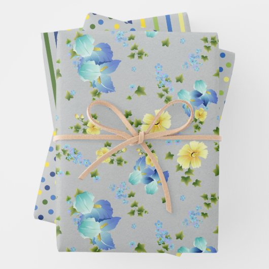 Gele boterbekers en blauw Iris-pakpapier Inpakpapier Vel (In situ)