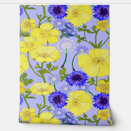 Gele boterbloem en blauwe korenbloem bloemen behang