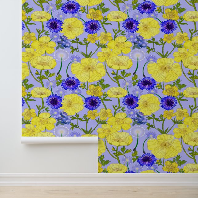 Gele boterbloem en blauwe korenbloem bloemen behang (Applicatie)