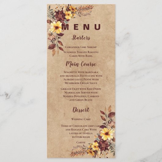 Gele Bourgogne Herfst Trouwreceptie Diner Menu (Voorkant)