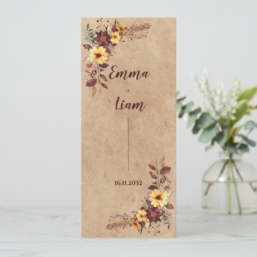 Gele Bourgondische Herfst Bloemen Trouwprogramma K Kaart (Staand voorkant)