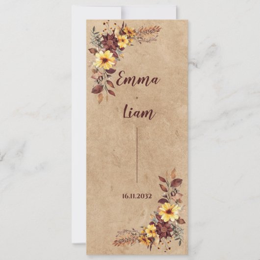 Gele Bourgondische Herfst Bloemen Trouwprogramma K Kaart (Voorkant)