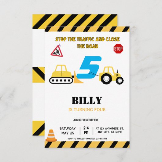 Gele Bouw 5E Verjaardag Uitnodiging (Voorkant / Achterkant)