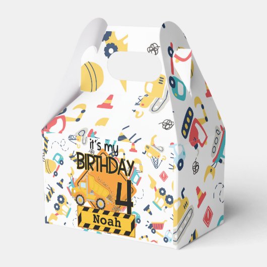 gele bouw vrachtwagen auto 4e verjaardag bedankdoosjes (Voorkant Zijde)