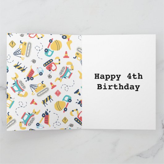 gele bouw vrachtwagen auto 4e verjaardag kaart (Binnen)