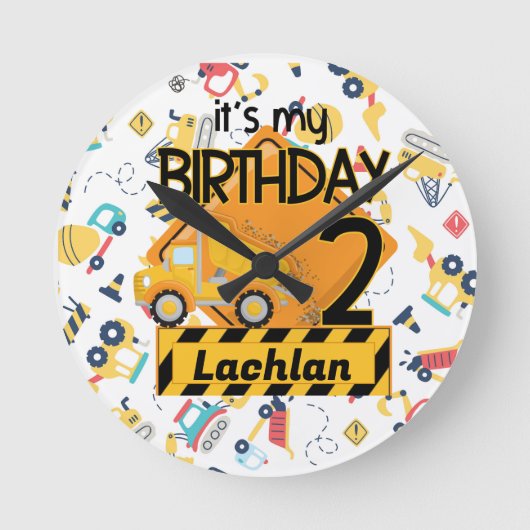 gele bouwwagen auto 2e verjaardag ronde klok (Voorkant)