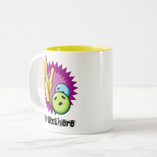 Gele Bowling Ball; Pins Tweekleurige Koffiemok (Voorkant links)