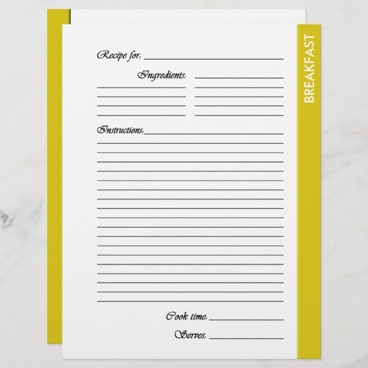 Gele BREAKFAST 2-zijdige Recipe Pages (Voorkant / Achterkant)