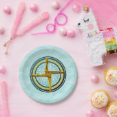 Gele brigadekruis op blauw papieren bordje (Feest)