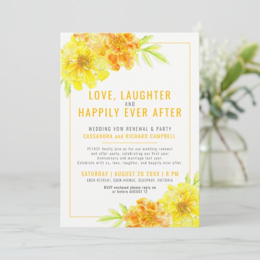 Gele bruiloft gelofte vernieuwing en feest gelukki kaart (Staand voorkant)
