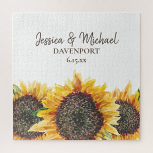 Gele bruine aquarel zonnebloemen witte bruiloft legpuzzel