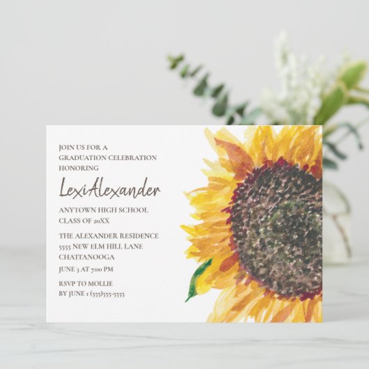 Gele bruine Waterverf Zonnebloem GraduPartij Kaart (Staand voorkant)