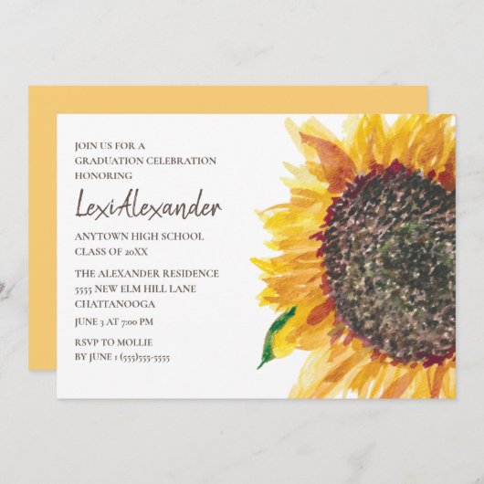 Gele bruine Waterverf Zonnebloem GraduPartij Kaart (Voorkant / Achterkant)