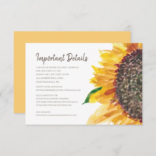 Gele bruine zonnebloem Boho Wedding Details Informatiekaartje (Voorkant / Achterkant)
