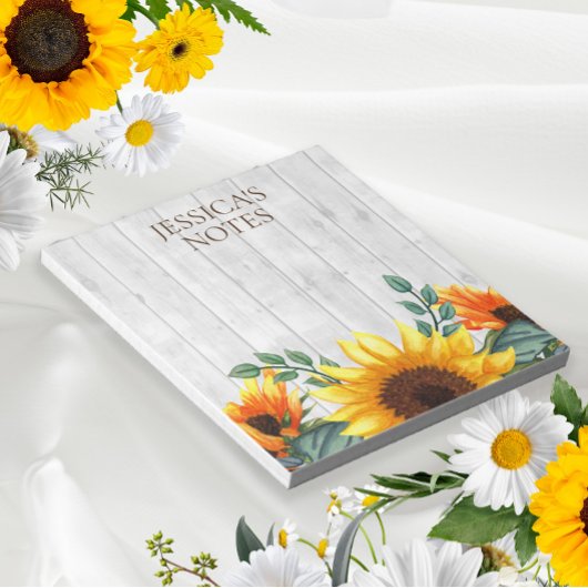 Gele bruine zonnebloem witte rustieke houten naam notitieblok