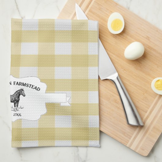 Gele Buffel Plaid Boerderij Paard Keukenhanddoek (Quarter Fold)
