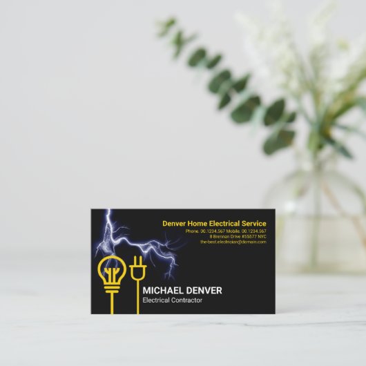 Gele Bulb Power Plug Blue Lightning Electricia Visitekaartje (Staand voorkant)