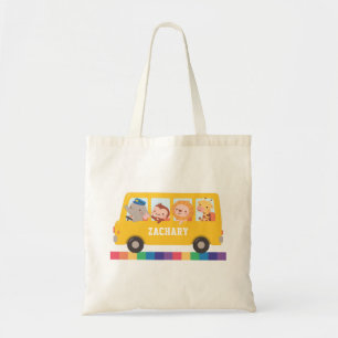 Gele bus en schattige dieren Kids gepersonaliseerd Tote Bag