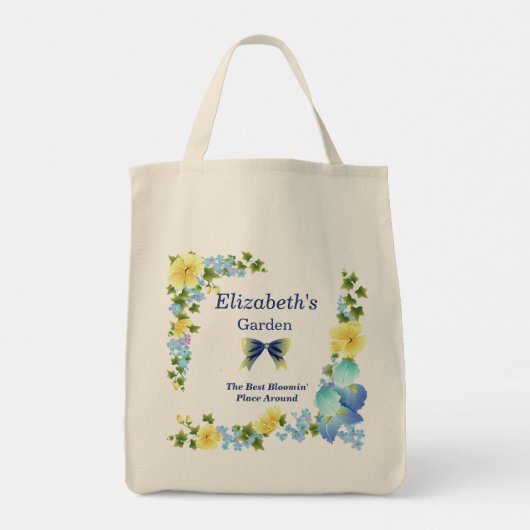 Gele Buttercups en Blue Iris Canvas tas (Achterkant)