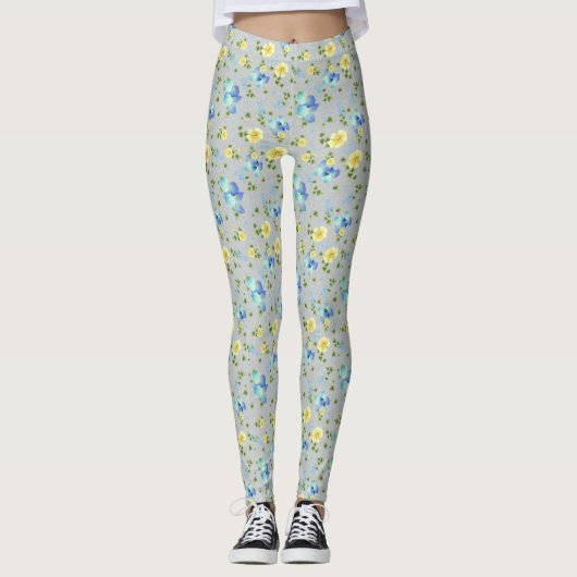 Gele Buttercups en Blue Iris Leggings (Voorkant)