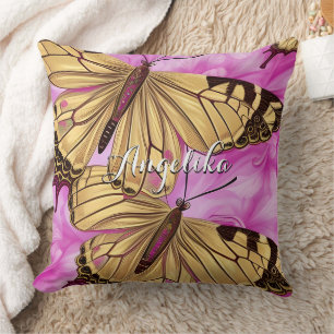 Gele Butterflies, roze Flowers, gepersonaliseerde Kussen