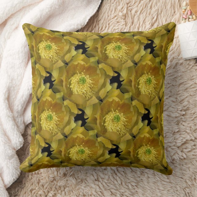Gele Cactus Bloem Herhalend Patroon op Zwart 1 Kussen (Deken)