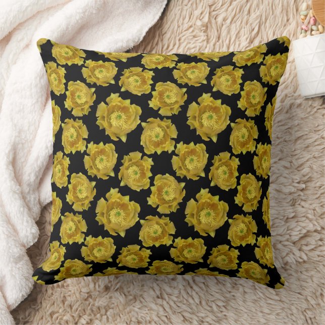 Gele Cactus Bloemen Patter op Zwarte Achtergrond Kussen (Deken)