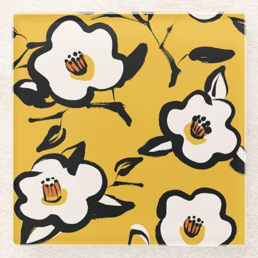 Gele Camellia, schetsmatig bloemig . Glazen Onderzetter (Voorkant)