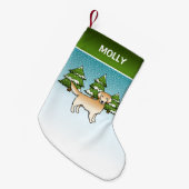 Gele Cartoon Golden Retriever in Winter & Name Kleine Kerstsok (Voorkant (Hangend))