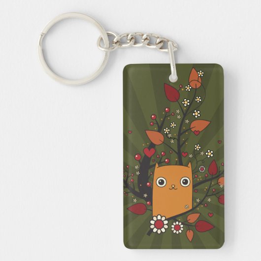 Gele Cartoon Kat Love Foliage Sleutelhanger (Voorkant)