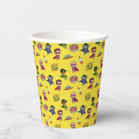 Gele Cartoon Superhero Comic Pattern Paper Cup Papieren Bekers (Voorkant)