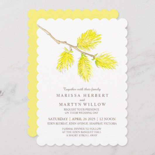 Gele catkin waterverf bruiloft uitnodigingen (Voorkant / Achterkant)