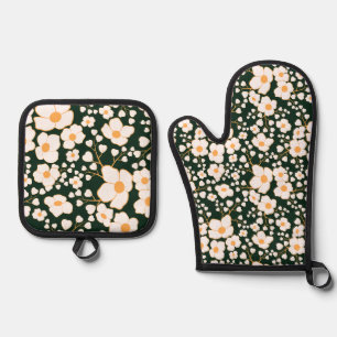 Gele Centrische Witte Bloemen & Groene Achtergrond Ovenwant & Pannenlap Set