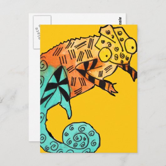Gele chameleon reptile art doedle illustratie briefkaart (Voorkant / Achterkant)