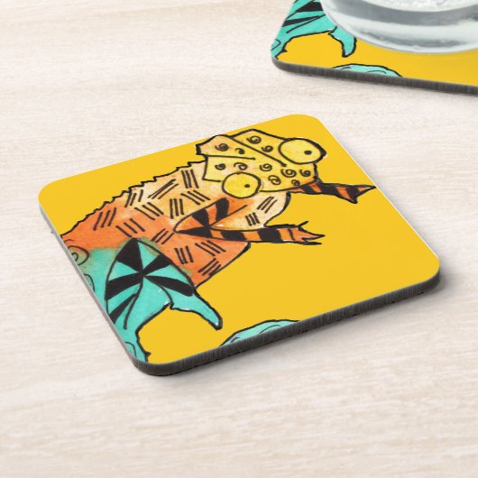 Gele chameleon reptile art doedle illustratie drankjes onderzetter (Linkerzijde)