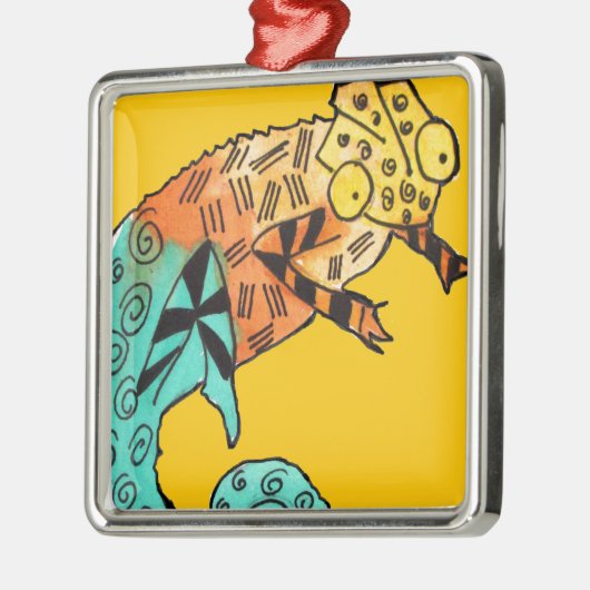 Gele chameleon reptile art doedle illustratie metalen ornament (Links)