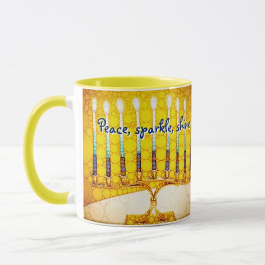 Gele Chanoeka Menorah Peace Sparkle Shine Script Mok (Links)