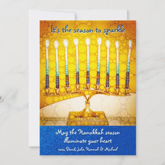 Gele Chanoeka Menorah seizoen om script te schitte Feestdagenkaart (Voorkant)