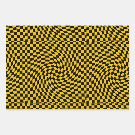 Gele cheques met zwarte kringloop gecontroleerd inpakpapier vel (Voorkant 2)