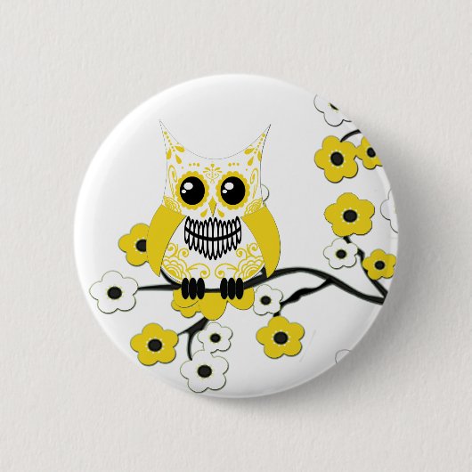 Gele Cherry Blossom Owl Button (Voorkant)